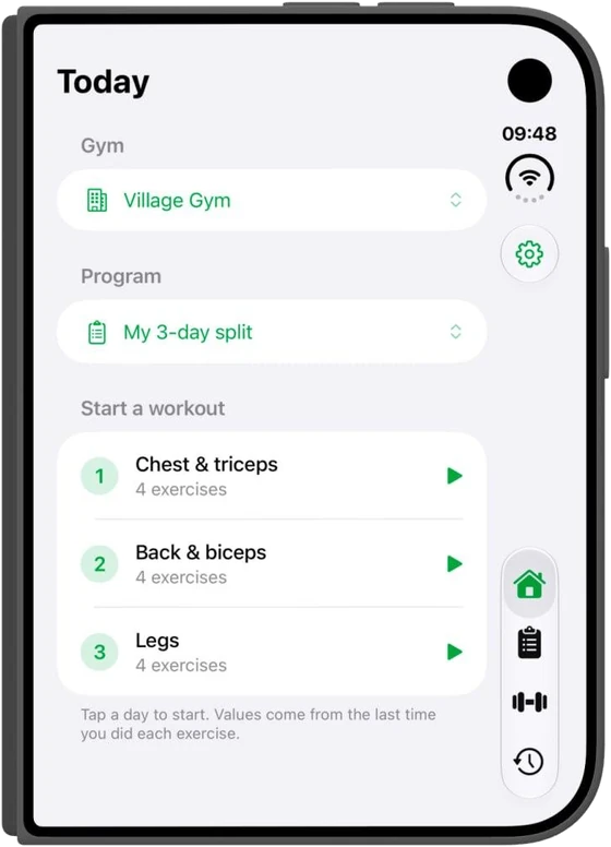 Easy Gym Log on a folded iPhone Duo: the Today screen with a gym, a program and training days