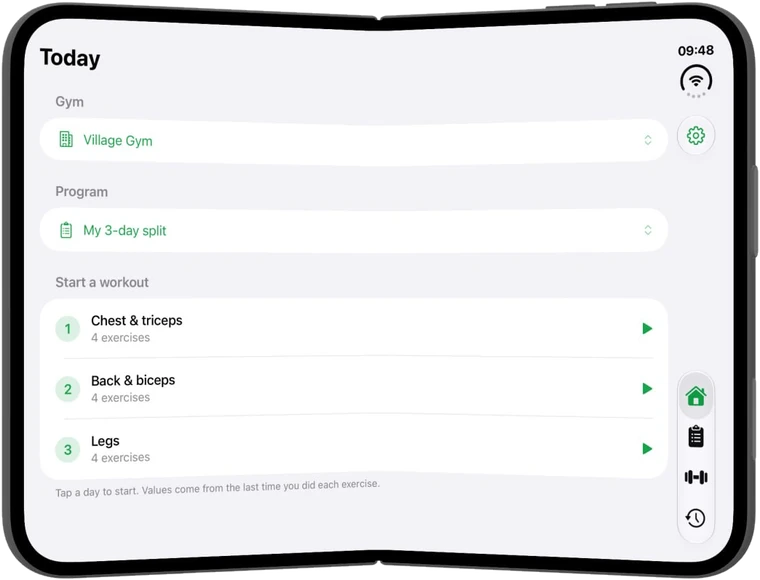 Easy Gym Log on an unfolded iPhone Duo: the Today screen on the wide display