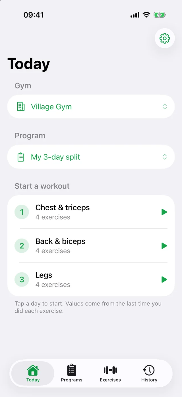 Today screen: choose a gym, a program and the day to start