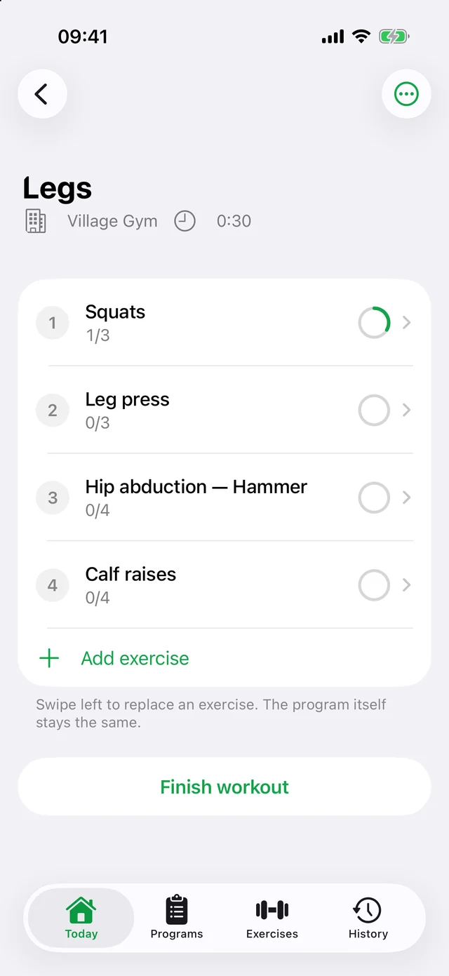 Workout screen: exercises with progress rings